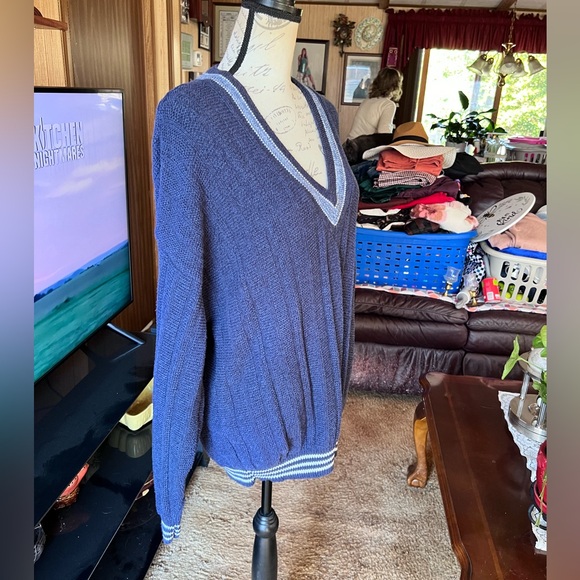 Vintage 1991 Jantzen Knit Navy Blue striped Mens Made In USA Pullover Cardigan. - Picture 6 of 16